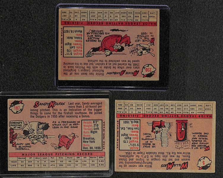 Lot of 3 - 1958 Topps Baseball Cards - Mays, Koufax, Ashburn