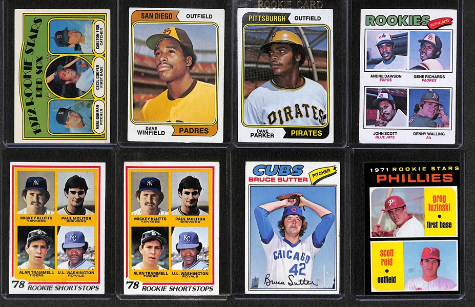 Lot of (19) 1970s Baseball Rookie Cards w/ Fisk, Winfield, Parker, Sutter, Dawson, (2) Molitor/Trammell!