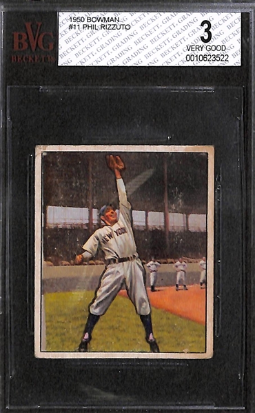 Lot of 2 - 1950 Bowman Baseball Cards - #11 Phil Rizzuto & #6 Bob Feller - BVG