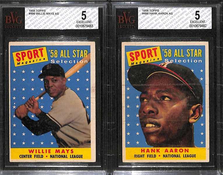 Lot of 2 - 1958 Topps Baseball Cards - Hank Aaron & Willie Mays AS - Both BVG 5