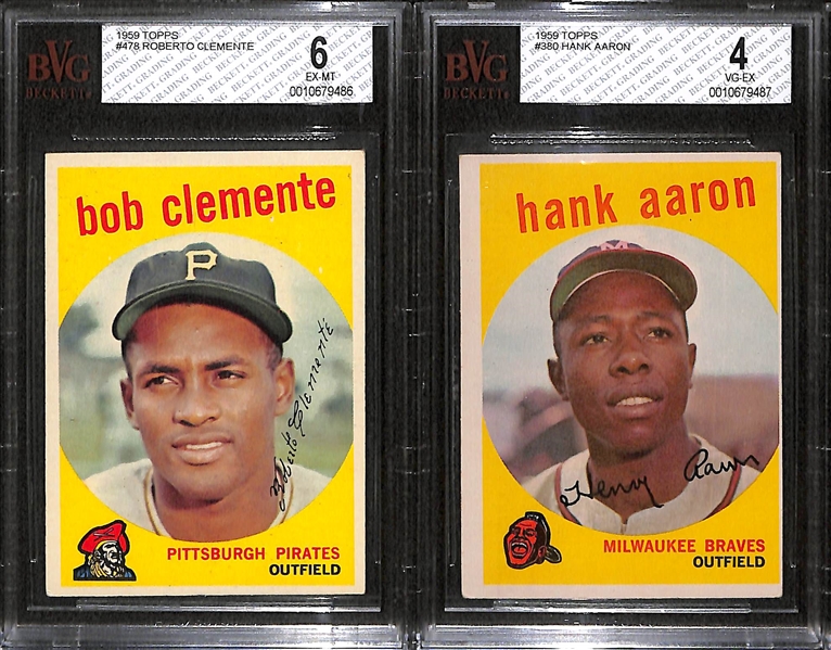 Lot of 2 - 1959 Topps Baseball Cards - Hank Aaron & Bob Clemente - BVG 4 & 6