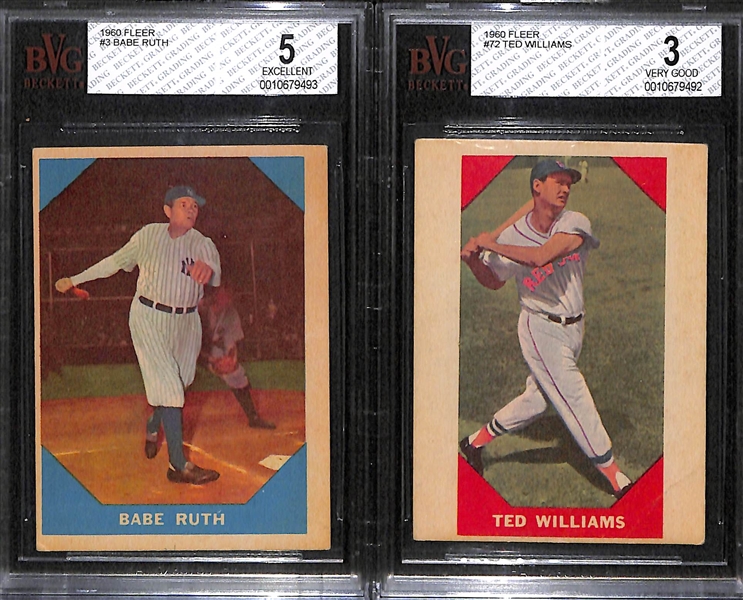 Lot of 2 - 1960 Fleer Baseball Cards - Babe Ruth & Ted Williams - BVG 5 & 3