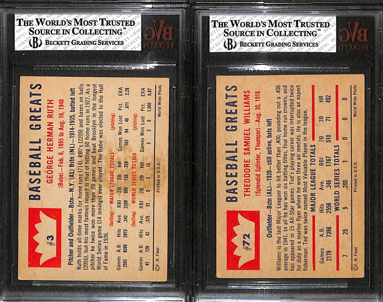Lot of 2 - 1960 Fleer Baseball Cards - Babe Ruth & Ted Williams - BVG 5 & 3
