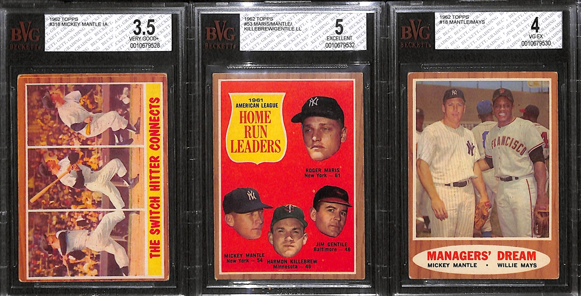 Lot of 3 - 1962 Topps Mickey Mantle Cards - #18, 53, 318 - BVG