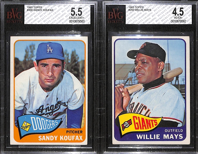 Lot of 2 - 1965 Topps Baseball Cards - Willie Mays & Sandy Koufax - BVG