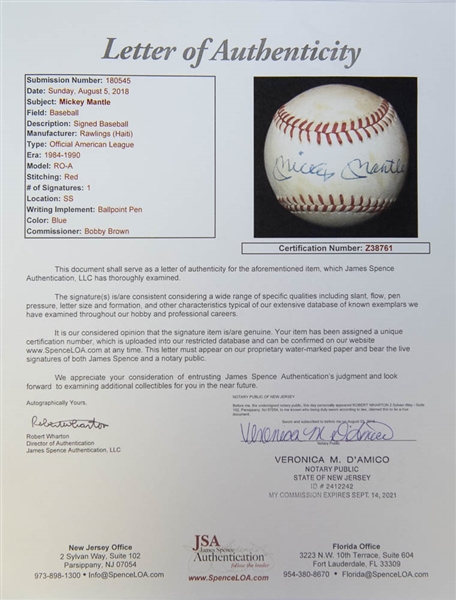 Mickey Mantle Autographed Baseball - JSA LOA
