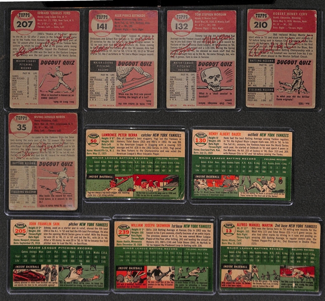 Lot of 10 1953-54 Topps Baseball Cards w. 1953 Whitey Ford & 1954 Yogi Berra