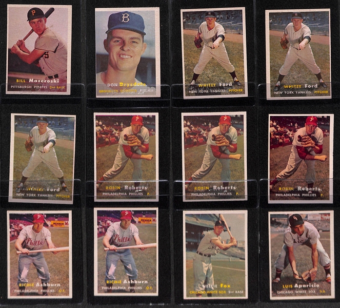 Lot of 12 - 1957 Topps Baseball Cards w. Mazeroski & Drysdale RCs