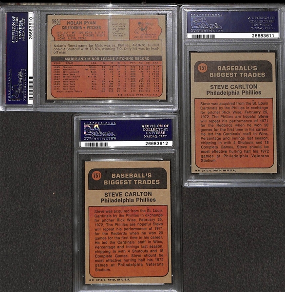 Lot of 3 - 1972 Topps Baseball Cards - All PSA 7 - w. Nolan Ryan & Steve Carlton Traded x2