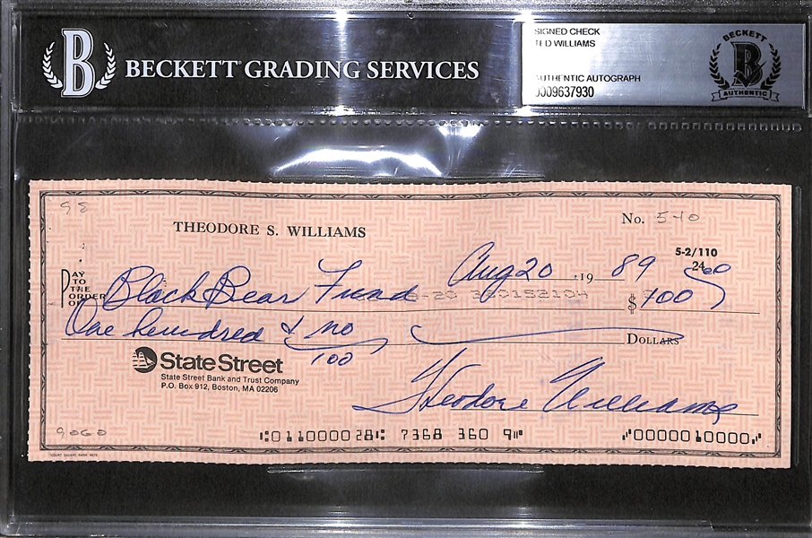 Ted Theodore Williams Autographed/Signed Bank Check (Beckett Slabbed and Certified)
