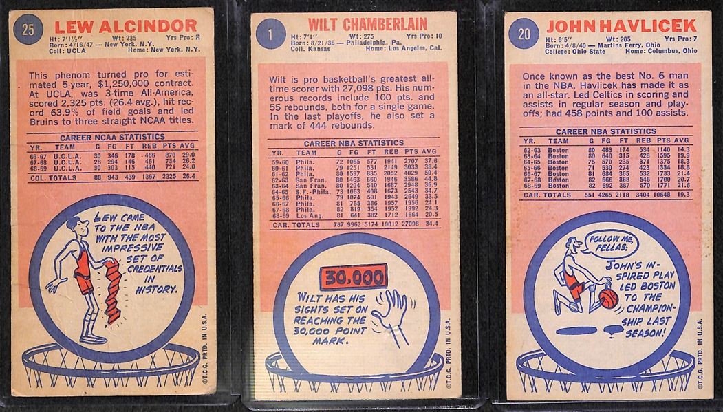 Lot of 3 - 1969-70 Topps Basketball Star Cards - Alcindor RC, Chamberlain, Havlicek RC