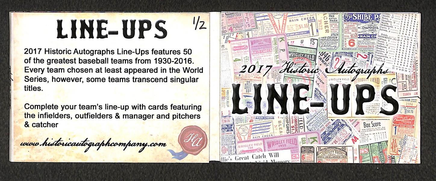 2017 Historic Autographs Line-Ups Booklet Card w/ an Exceptional Babe Ruth Autograph #ed 1/2 (Also includes Joe McCarthy, Earle Combs, and Ben Chapman)