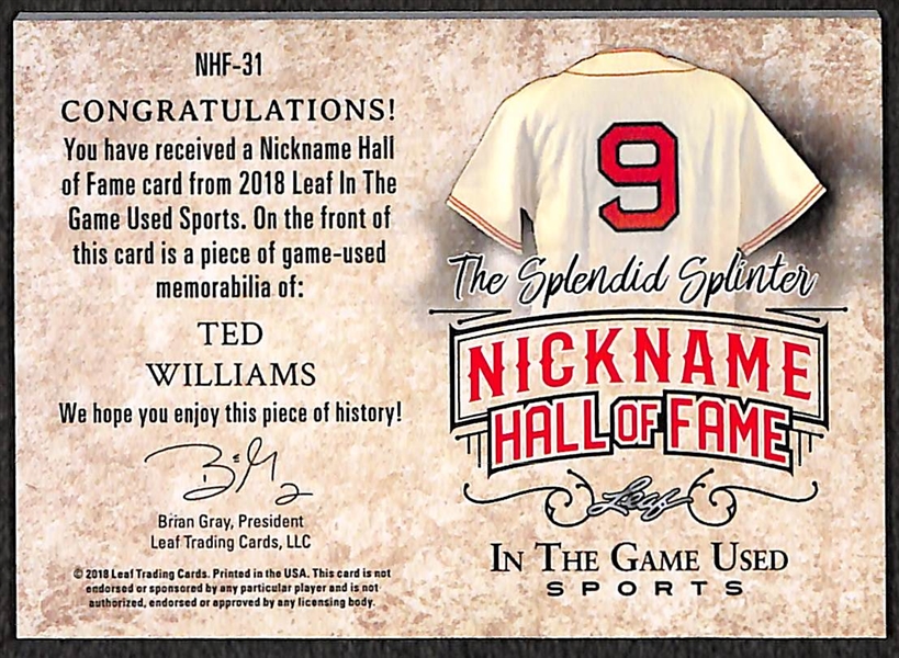 Ted Williams 2018 Leaf In the Game Used #2/3 Jersey Relic Card