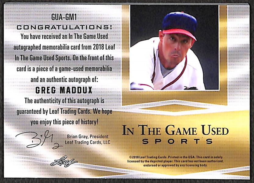 Greg Maddux 2018 Leaf In the Game Used #3/4 Autograph/Jersey Patch Relic Card
