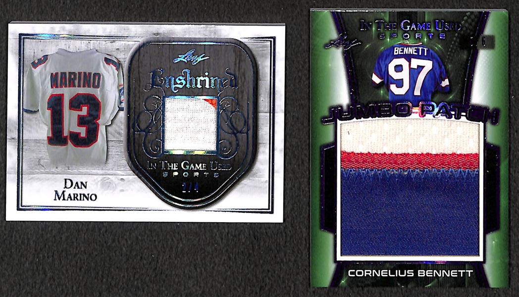 Lot of 2 - 2018 Leaf In The Game Used Dan Marino (#2/4) & Cornelius Bennett (#5/6) Jersey Patch Relic Cards