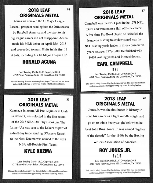 Lot of 4 - 2018 Leaf Originals Metal Cards w. Earl Campbell #6/7, Roy Jones Jr #4/10, Ronald Acuna Rookie, & Kyle Kuzma