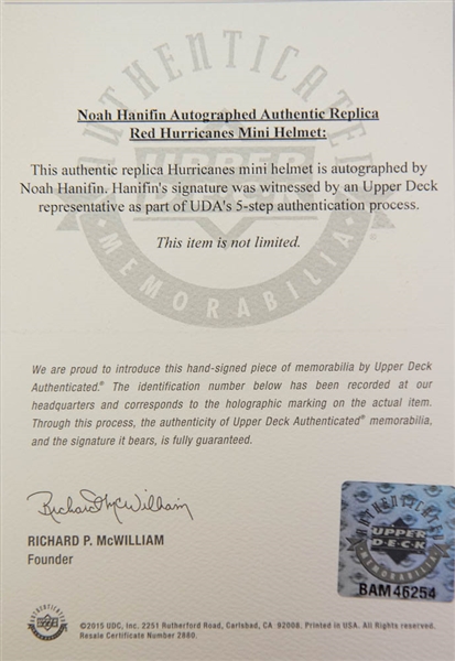 Noah Hanifin Autographed Replica Red Hurricanes Mini Helmet - UDA