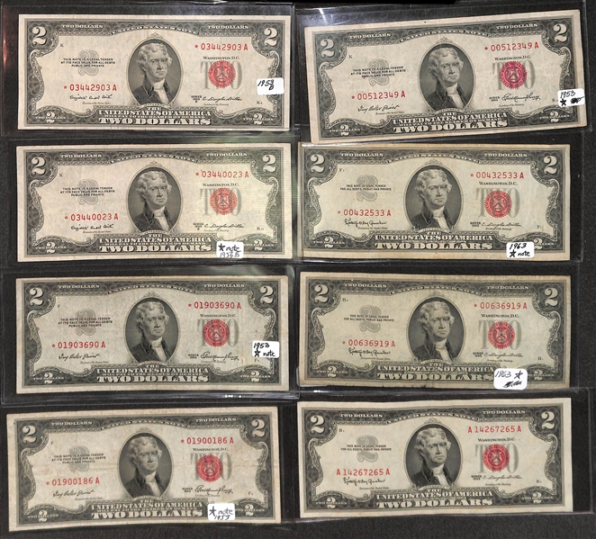 Lot of Paper Money - Inc. (8) 1953 Red Seal $2 Dollar Bills; (2) Military Payment Certificates; (5) Germany 50 Mark Series 1944 Banknote (WW2)