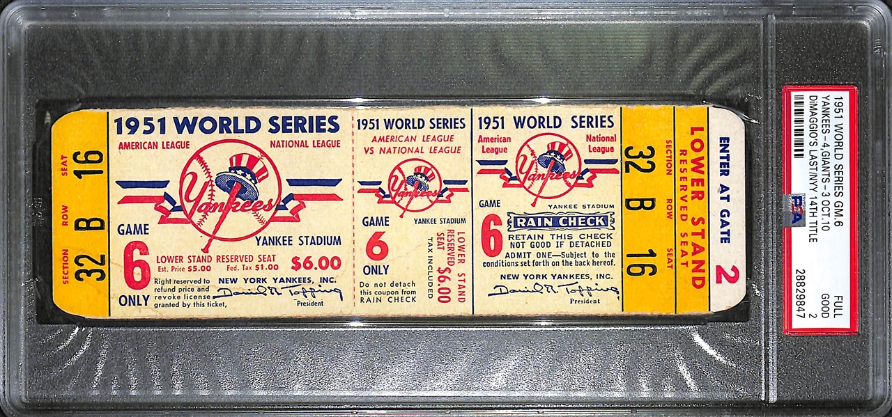 1951 World Series Game 6 Full Ticket - Yankees vs. Giants - PSA 2
