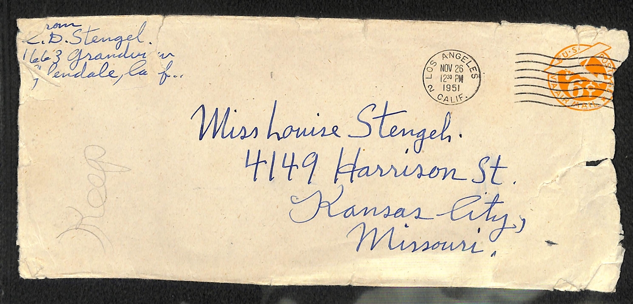 Casey Stengel Hand Written Letter & Autograph From 1951