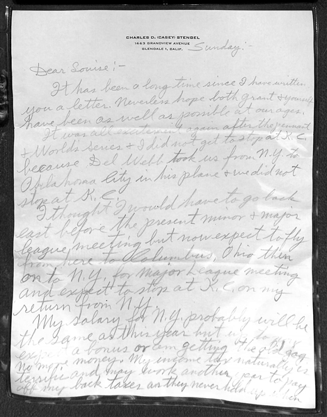 Casey Stengel Hand Written Letter & Autograph From 1951