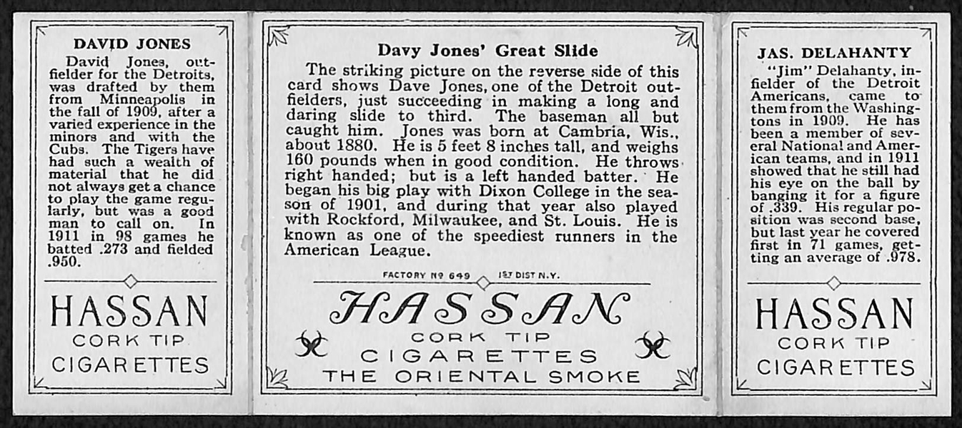 1912 T202 Hassan Triple Folder David Jones & Jas. Delahanty A Davy Jones' Great Slide