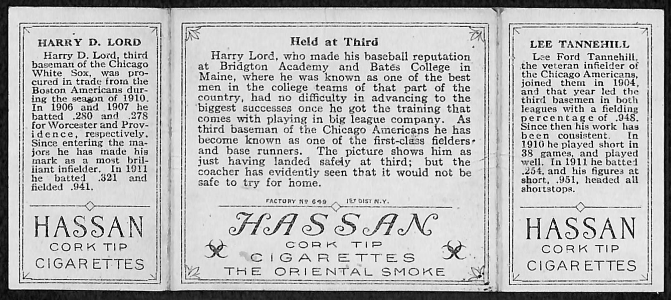 1912 T202 Hassan Triple Folder Harry D. Lord & Lee Tannehill Held at Third