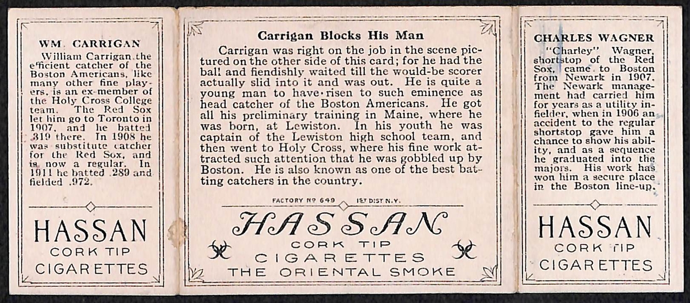 1912 T202 Hassan Triple Folder William Carrigan & Charles Wagner Carrigan Blocks His Man