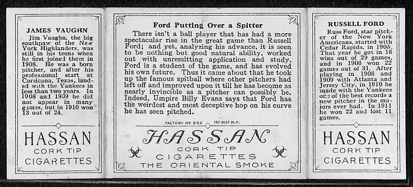 1912 T202 Hassan Triple Folder Jim Vaugn & Russ Ford Ford Putting Over a Spitter