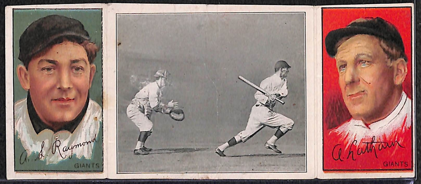 Lot of (2) 1912 - T202 Hassan Triple Folders Latham/Raymond (Tenny Lands Safely) & Meyers/Wiltse (Too Late for Devlin)