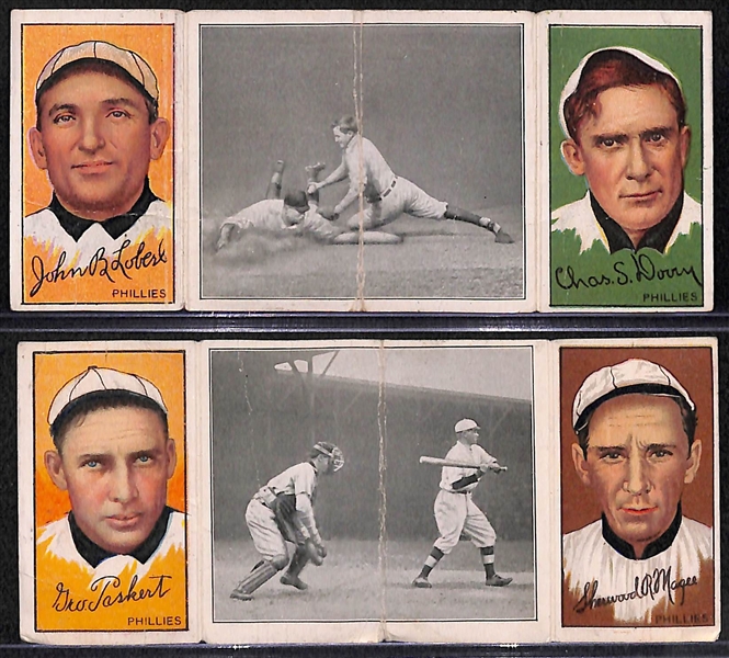 Lot of (2) 1912 T202 Hassan Triple Folders Dooin/J. Lobert (Dooin Gets His Man) & Magee/Paskert (Chase Ready for the Squeeze Play)