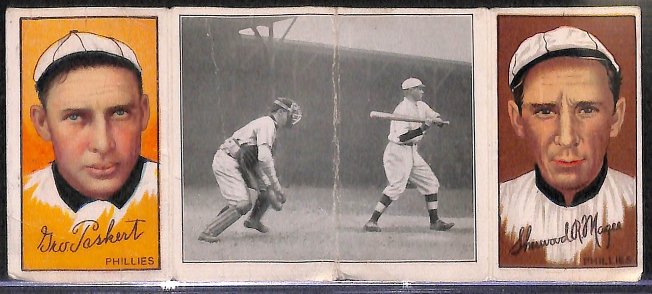 Lot of (2) 1912 T202 Hassan Triple Folders Dooin/J. Lobert (Dooin Gets His Man) & Magee/Paskert (Chase Ready for the Squeeze Play)