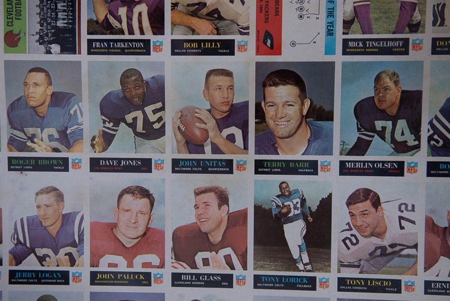  1965 Philadelphia NFL Football Uncut Sheet Featuring Johnny Unitas & Jim Brown