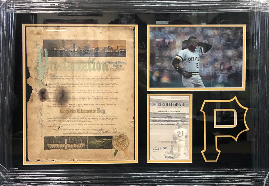 Framed 1974 Roberto Clemente Day Proclamation from the City of Miami - Owned by Clemente and COmes w/ Family COA