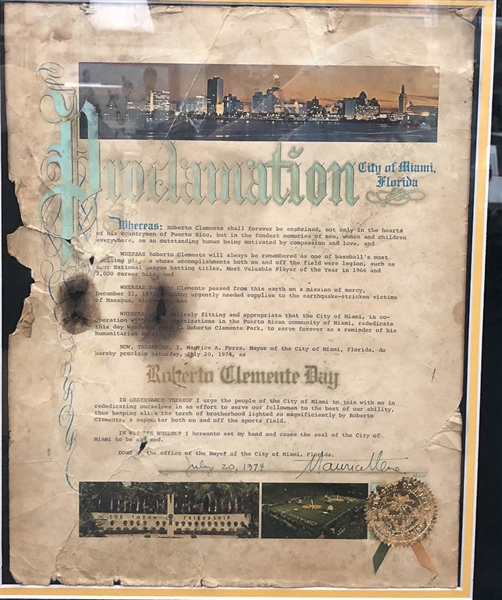 Framed 1974 Roberto Clemente Day Proclamation from the City of Miami - Owned by Clemente and COmes w/ Family COA
