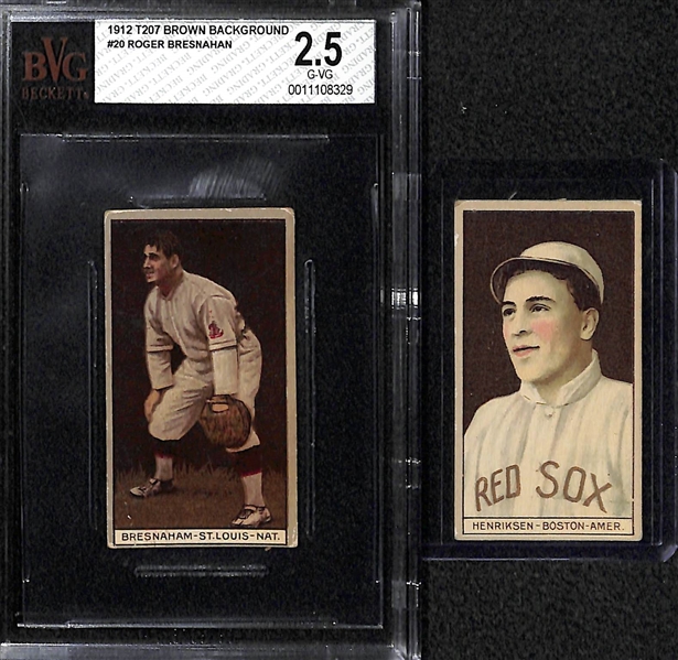 Lot of (2) 1912 T207 Recruit Cards inc. HOFer Roger Bresnahan (BVG 2.5) - St. Louis (misspelled Bresnaham) & Henriksen (Red Sox)  