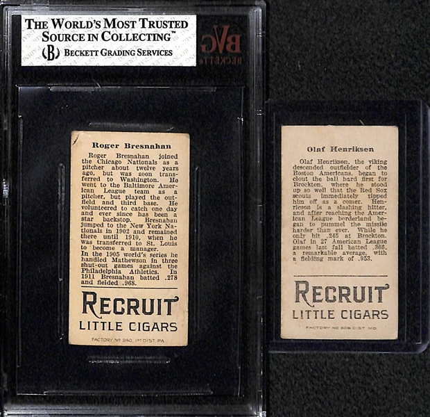 Lot of (2) 1912 T207 Recruit Cards inc. HOFer Roger Bresnahan (BVG 2.5) - St. Louis (misspelled Bresnaham) & Henriksen (Red Sox)  