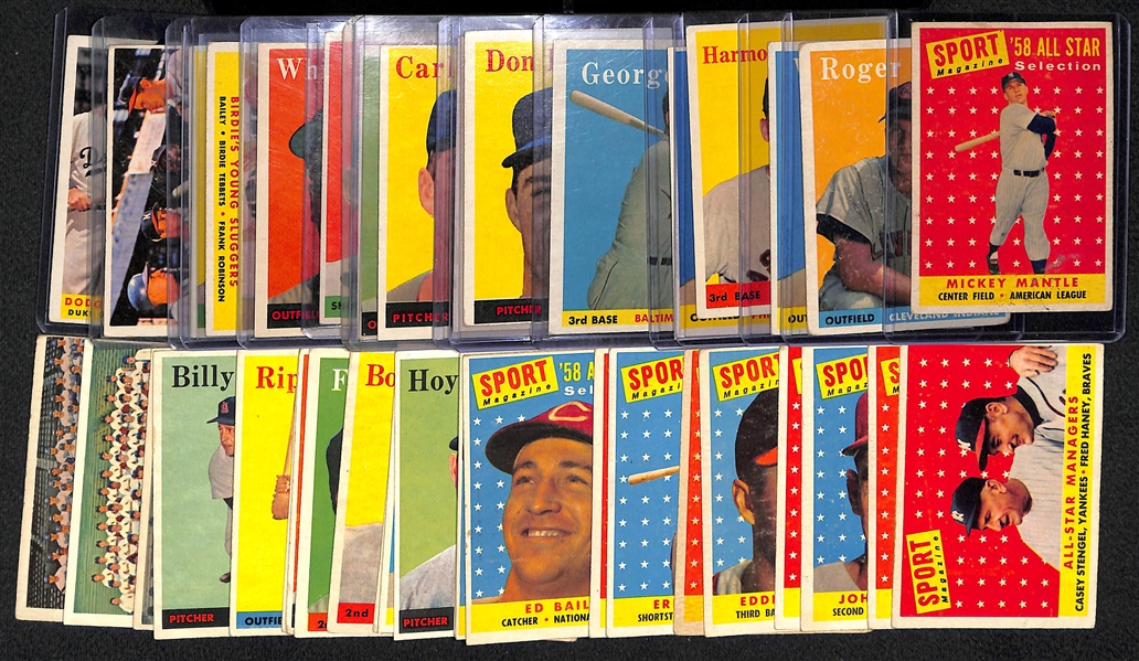 Lot of (43) 1958 Topps Baseball Cards w/ Mantle AS, Mays, Killebrew, Maris Rookie, Drysdale