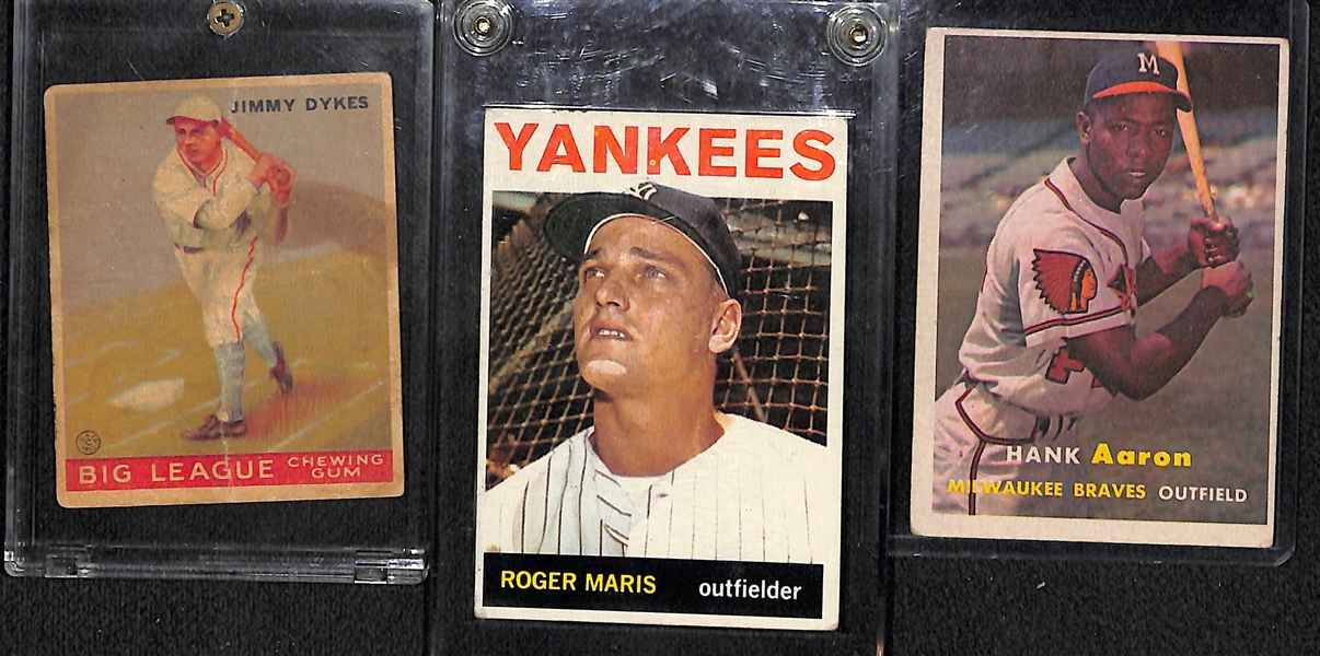 Lot of (3) Vintage Baseball Cards (1957T Hank Aaron, 1993 Goudey J. Dykes, 1964 R. Maris)
