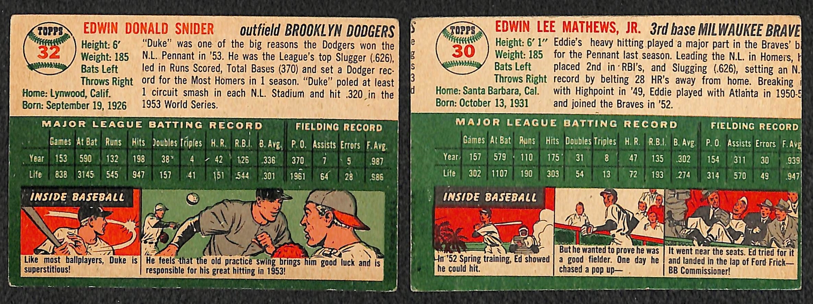 Lot of (2) 1954 Topps Baseball Cards - Eddie Mathews & Duke Snider