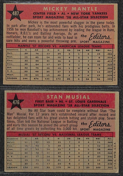 Lot of (2) 1958 Topps All Star Baseball Cards - Mickey Mantle & Stan Musial