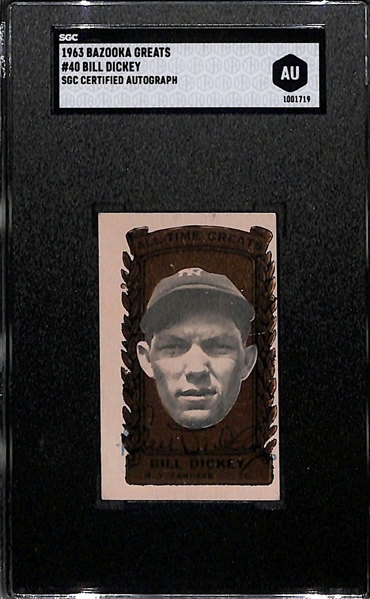 1963 Bazooka Greats Bill Dickey Autographed Baseball Card  - SGC Encased/COA
