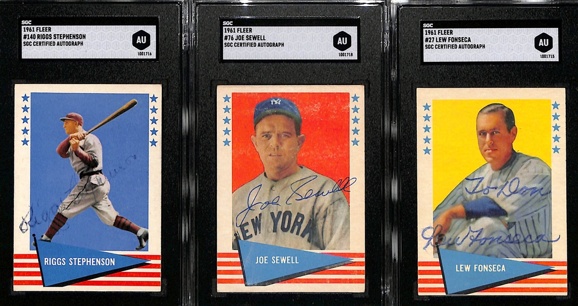 Lot of (3) Signed 1961 Fleer Baseball Cards - Sewell (HOF), Fonseca, Stephenson (SGC Encased/COA)