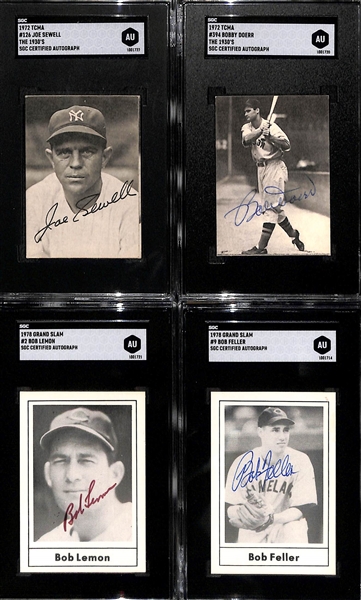 Lot of (4) Signed Baseball Cards - Sewell, Feller, Lemon, Doerr (SGC Encased/COA)