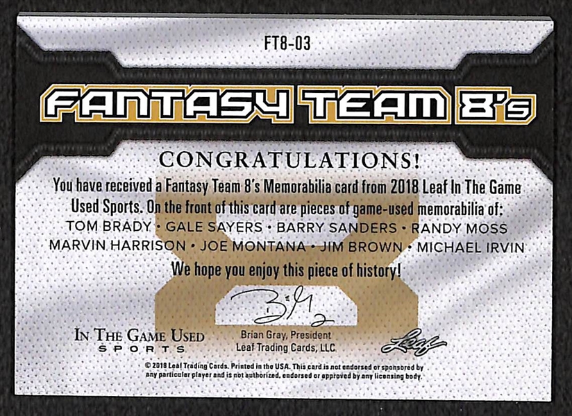 2018 Leaf In The Game Used 8X Jersey Card w. Brady/Montana/Brown/Sayers