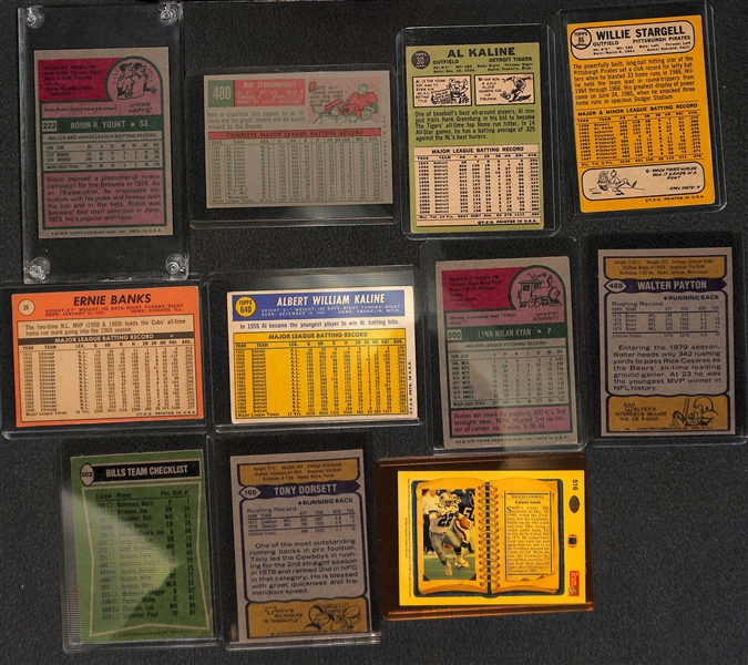 Lot of Baseball & Football Star Cards from 1959-1993 w. 1975 Robin Yount RC plus 3 Autograph Photos (w. Eddie Murray)