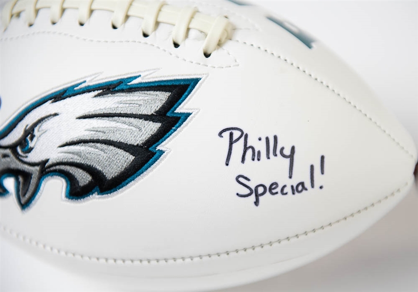 Lot of 2 Eagles Logo Signed & Inscribed Footballs - Trey Burton Philly Special! & Vince Papale - JSA