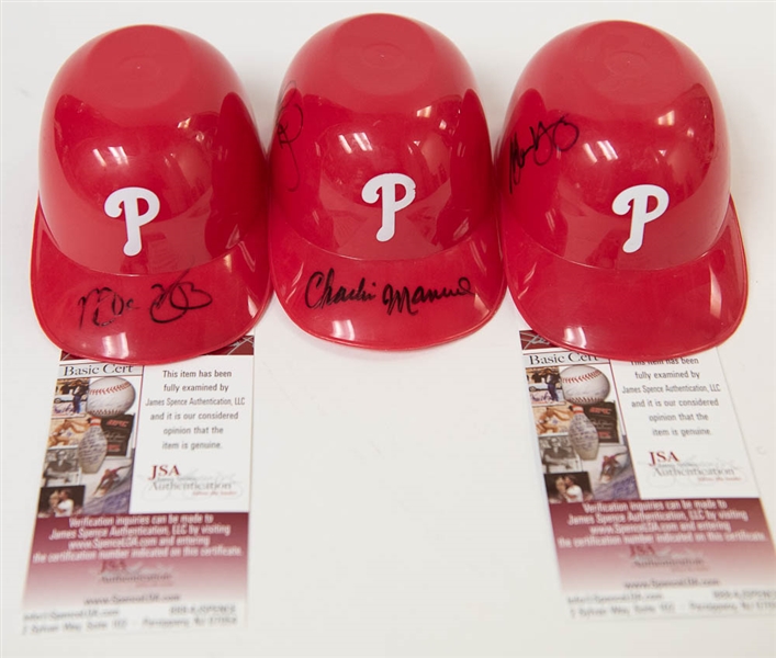 Lot Of 3 Phillies Signed Mini Souvenir Helmets w. Sandberg - JSA