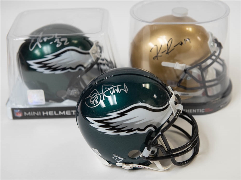 Lot Of 3 Signed Football Mini Helmets w. (2) Eagles (Rowe, Runyan) and (1) Navy (Reynolds)