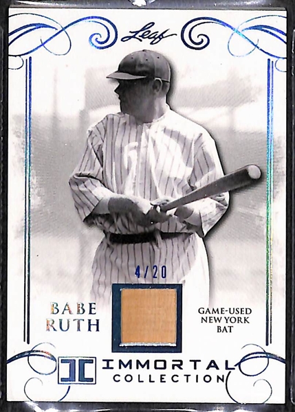 2017 Leaf Immortal Collection Babe Ruth Game-Used Bat Card #ed 4/20 (From His Game-Used Yankees Bat)